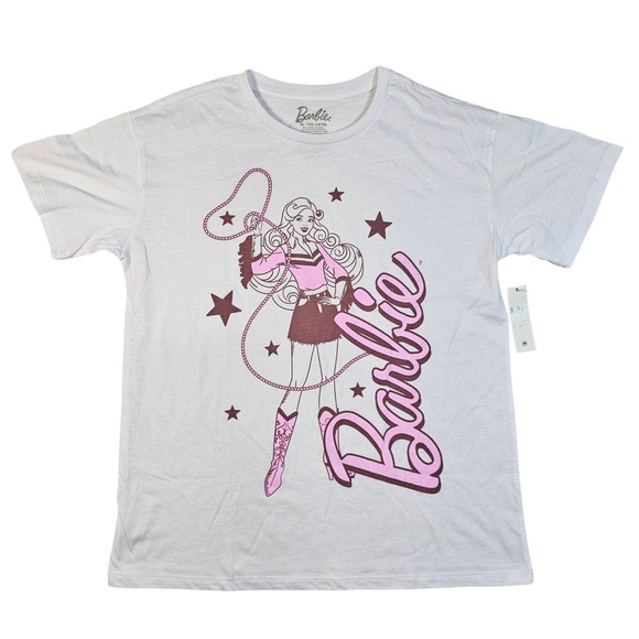 Barbie Tops - Barbie Cowgirl Graphic T-Shirt XL 14/16 White Pink Western Lasso Stars NWT
